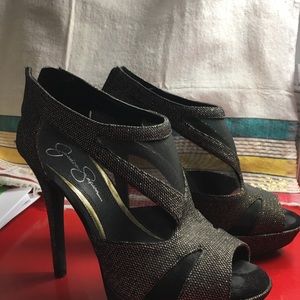 Jessica Simpson platform stiletto mesh ankle bootie open toe black and gold